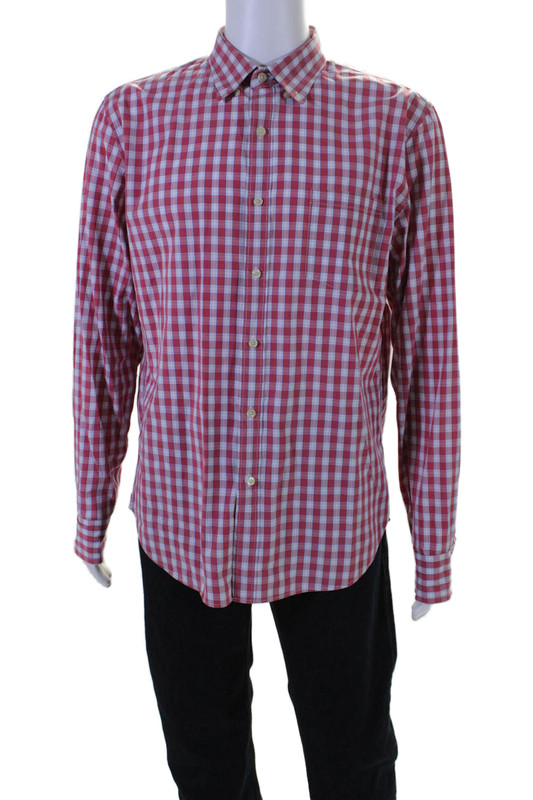 J Crew Mens Button Front Tailored Fit Plaid Collared Shirt Red White Size Large