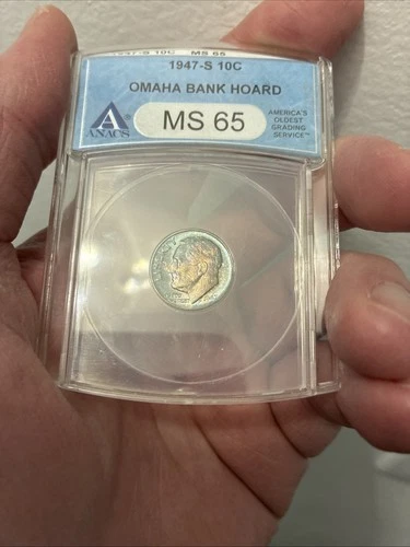 Blue Toned 1947 S ROOSEVELT DIME 10c ANACS MS65 OMAHA BANK HOARD Toner Toning