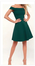 Lulus Season of Fun Forest Green Off-the-Shoulder Skater Dress Size Medium
