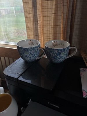 Lilly Pulitzer Ceramic Coffee Tea Cup Mug Set of 2 Blue White Tiger Lily Floral