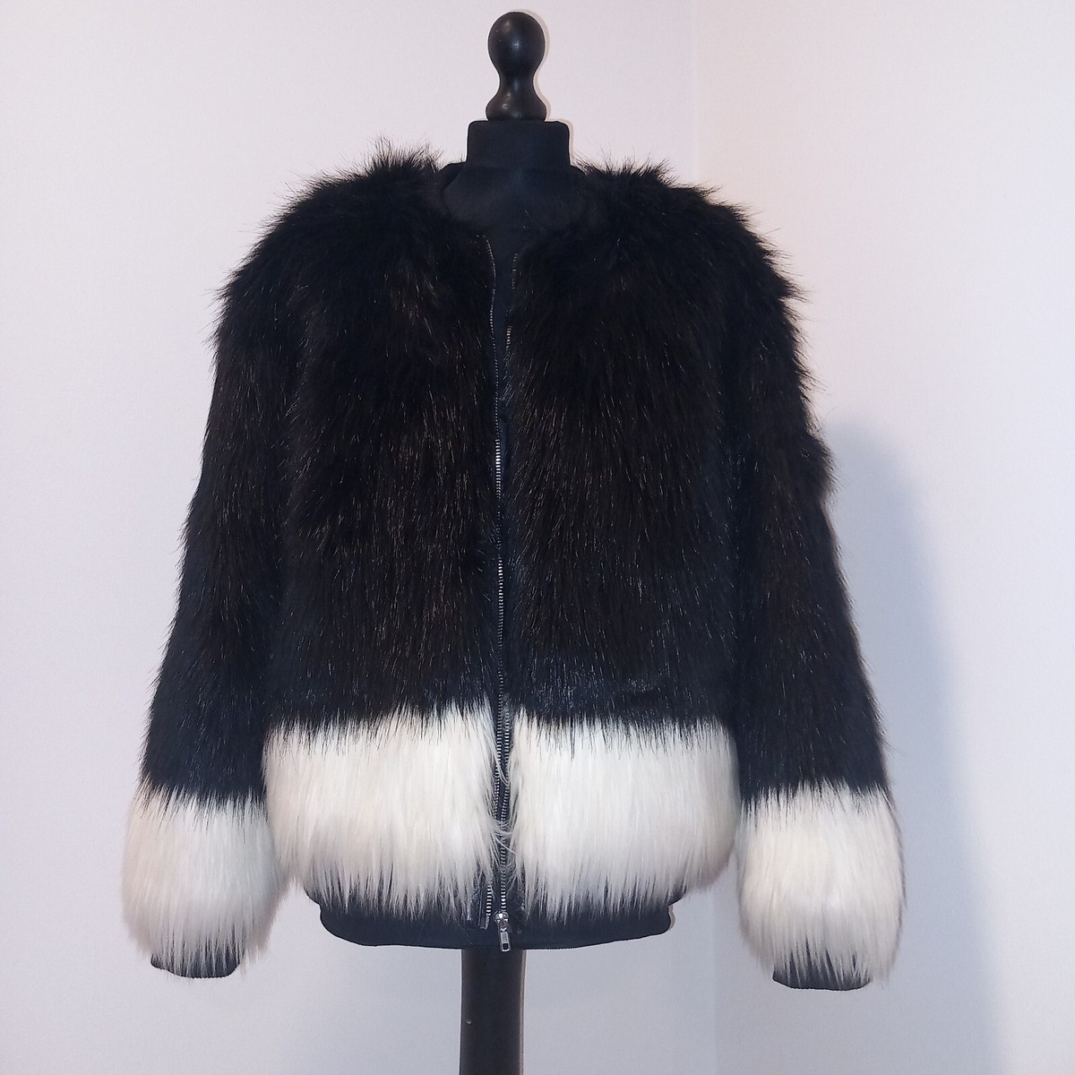 H&M Black White Faux Fur, Lined Winter Zip UK