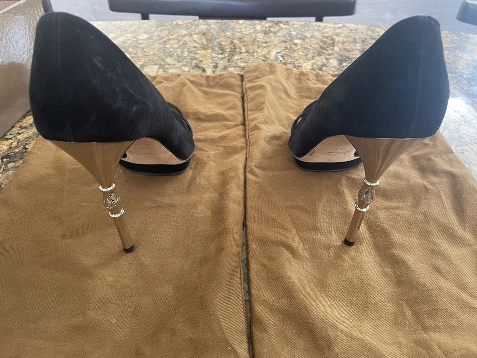 Gucci Women Sexy High Heel Platinum Sz 36.5 Leather Shoe Peep Toe Suede Italian - Image 3 of 4