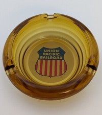 Vintage Union Pacific Railroad Amber Glass Ashtray UPRR Herald Logo Advertising