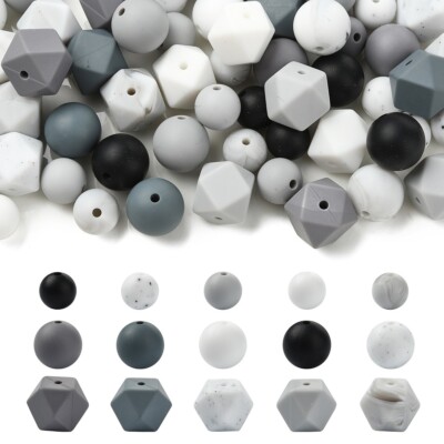 100pcs Grey Theme Silicone Beads Round Hexagon Focal Beads for Keychains Pens