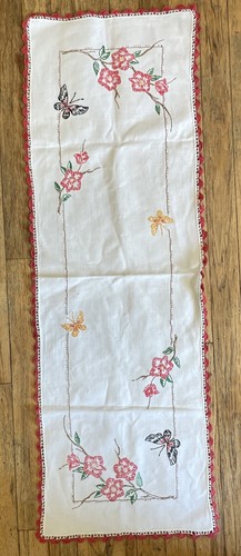 VTG Butterfly Floral Dresser Scarf Table Runner Hand Embroidery 13" x 41 - Picture 2 of 11