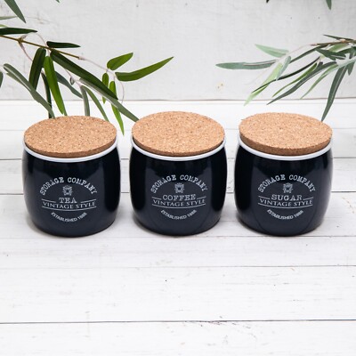 Set Navy Blue Tea Coffee Sugar Metal Vintage Cork Lid Jars