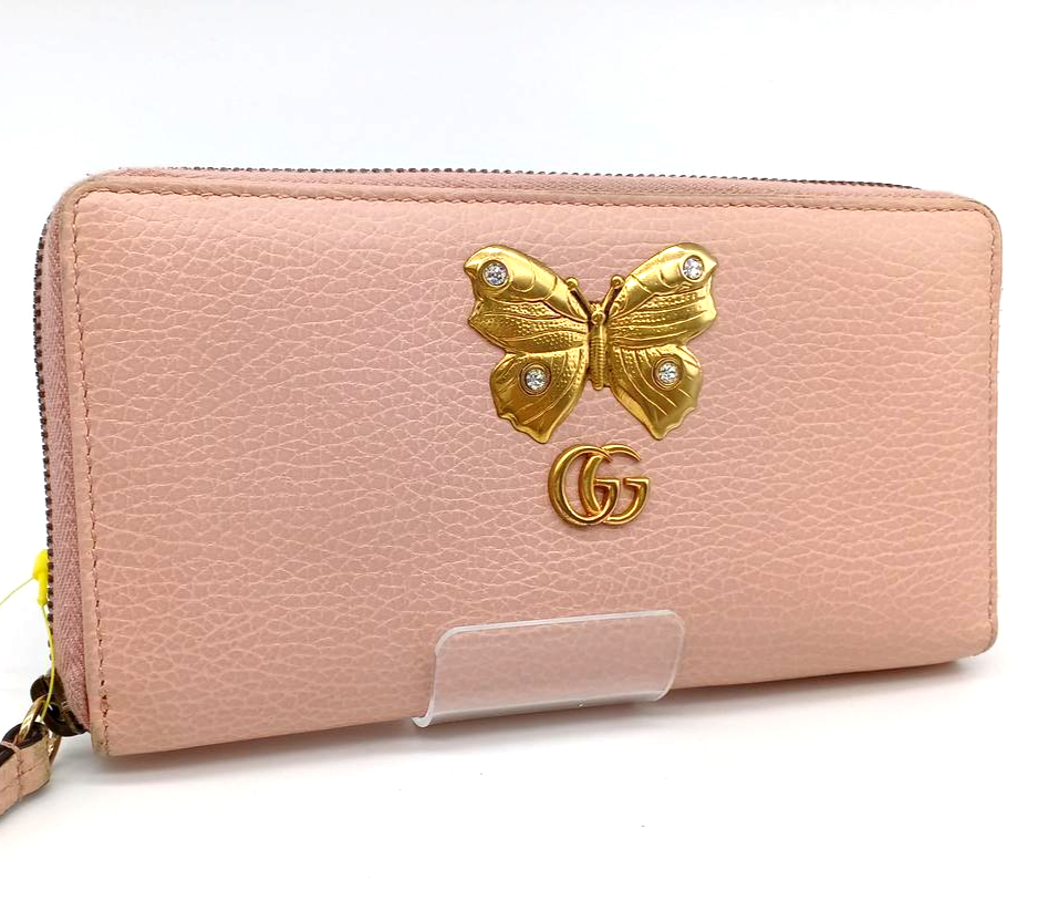 GUCCI GG Marmont Round Fastener Long Wallet Butterfly Pink