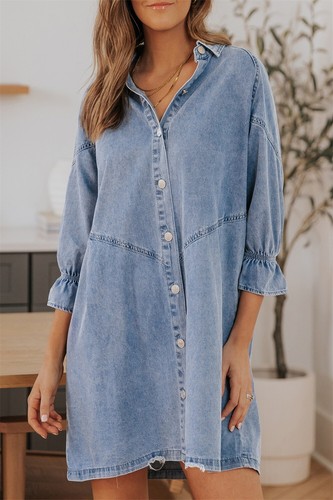 Sky Blue Buttoned Long Sleeve Denim Mini Dress SIZE SMALL - 第 1/4 張圖片