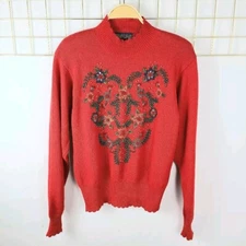 Herman Geist Womens Sweater Medium Red Beaded Holiday Festive Vtg- Read
