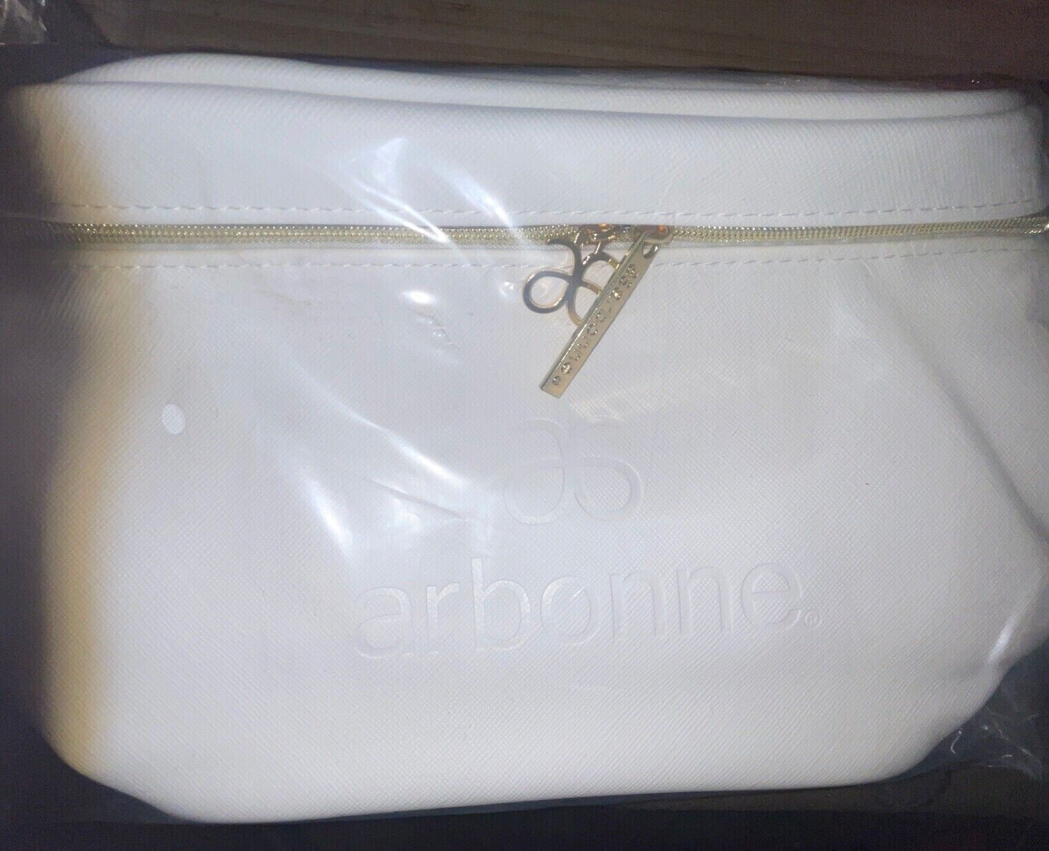 Arbonne logo White faux leather Toiletries cosmetic travel bag with Zipper NEW H
