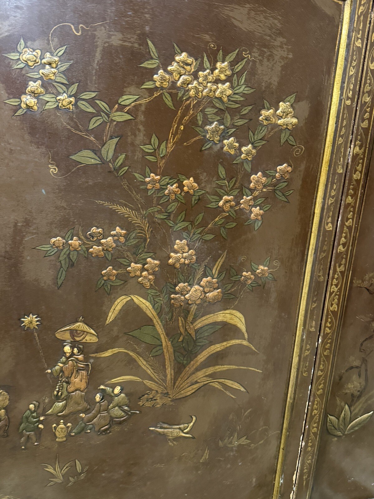 Vintage Chinese 3 Panel Screen Wall Art Inlaid Deities Village Scene Gold Accent