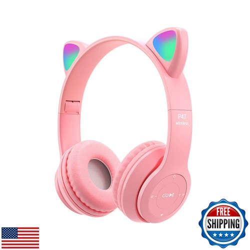 Kids Headphones, Cat Ear LED Light Up Bluetooth 5.0 Foldable Wireless Gaming