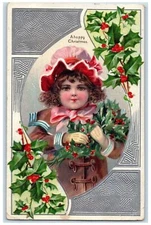 c1910's Christmas Cute Girl Curly Hair Holding Holly Berries Embossed Postcard