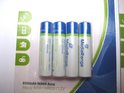 4 Pieces Media Range AAA Rechargeable Batteries MICRO HR03 NiMh-Accu 800mAh