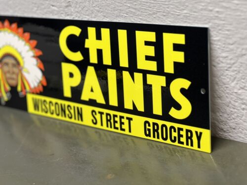 Chief Paints Thick Metal Sign Indian Wisconsin Grocery Brush Colors Gas Oil Can - Picture 3 of 4