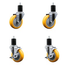 4 Inch Yellow Poly Wheel Swivel 1-3/4 Inch Expanding Stem Caster Set 2 Brakes