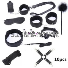 Handcuff 10 Pcs PU Leather Binding Set Hand Cuffs Footcuff Whip Rope Blindfold