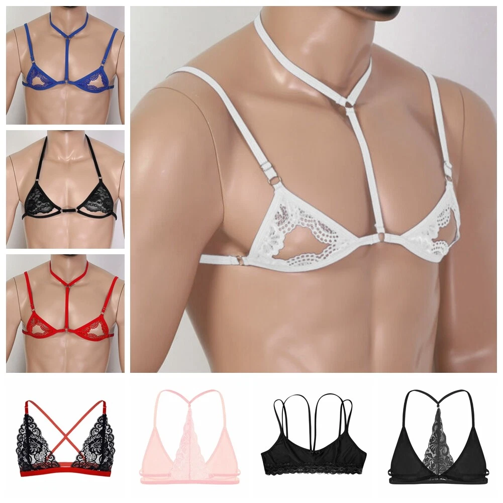 Men's Lace Sissy Strappy Lingerie Triangle Bralette Bra Top