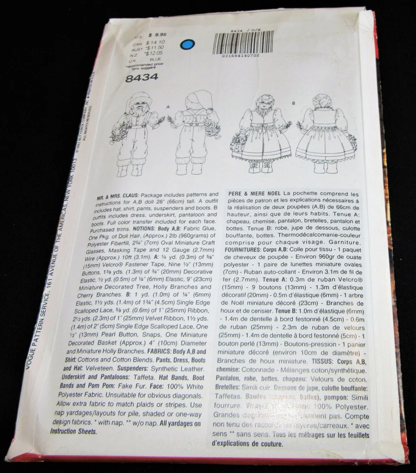 Vogue Craft Pattern 8434 Mr & Mrs Santa Claus 26" Dolls Outfits Linda Carr UNCUT - Image 4 of 4