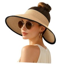 Women's Sun Visor Hats Wide Brim Straw Beach Hat Ponytail Hats for 1pack-khaki2