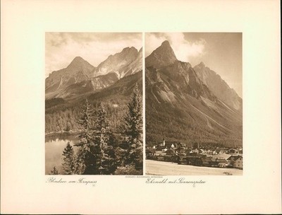 Kupfertiefdruck : Lermoos mit Zugspitze. Blindsee am Fernpaß. Ehrwald mit Sonnen