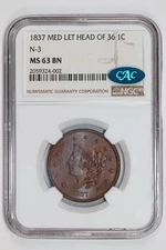 1837 MEDIUM LETTERS HEAD OF 36 LARGE CENT NGC MS63 BN CAC - GORGEOUS!!