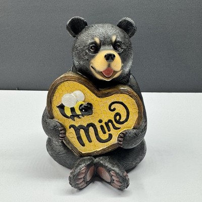 Bear Figurine Holding Heart 'Mine' with Bee Resin Painted Decorative Sculpture