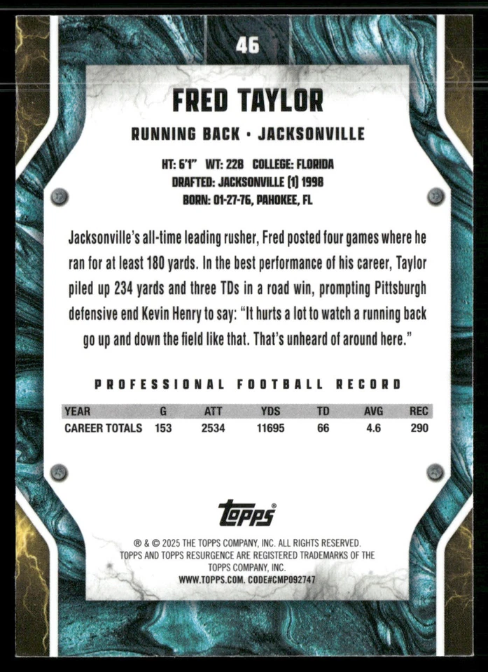 Fred Taylor 2025 Topps Resurgence #45 Jacksonville Jaguars - Image 2 of 2