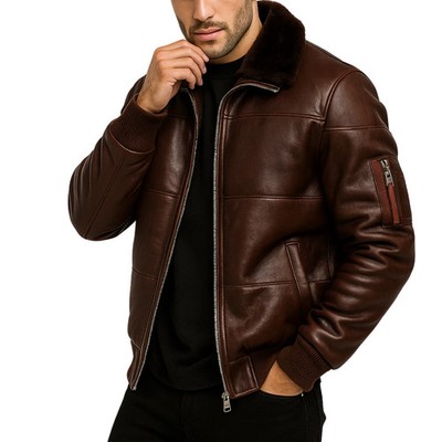 Men s Genuine Leather Jacket with Fur Collar Classic Bomber Aviator Style Coat