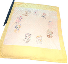 Handmade Quilt Yellow With Hand Embroidered Baby Animals 44"x52" Unfilled
