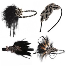 4 Pack Vintage Flapper Headband, Black Champagne Gold Beaded Feather
