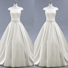 Elegant Wedding Dresses Scoop Neck Beaded Satin A Line Sweep Train Bridal Gowns