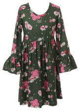 Little Girl Kids Green Floral Puff Sleeve Casual Shirt Top Dress SunDress 2-8