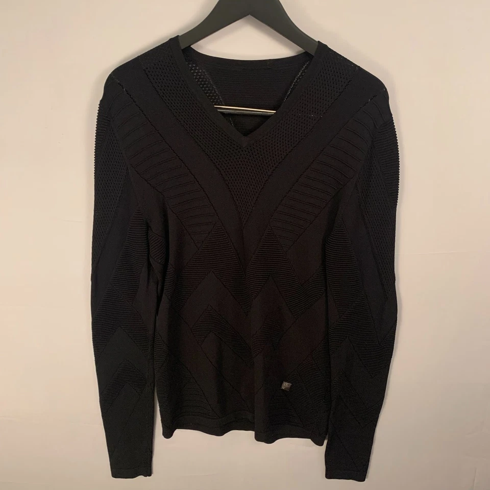 Suéter Pullover VERSACE Para Hombres Cuello en V Pequeño Calce Extra Ajustado Negro Acanalado Diamante Foto 2 de 4