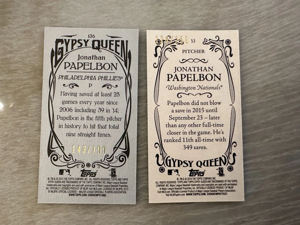 JONATHAN PAPELBON 2015 TOPPS GYSPY QUEEN MINI SILVER /199 & 2016 PURPLE /250 LOT - Image 2 of 2