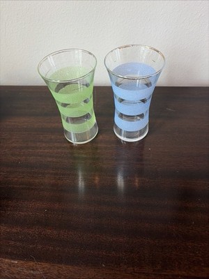 Vintage Libbey Banded Pastel Green Blue Pair Barware 5.5'' Cocktail Glass Pair