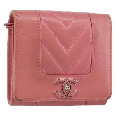 CHANEL  ココマークスティッチ　ウォレット CHANEL V Stitch COCO Mark Trifold Wallet Lamb Skin Pink Silver CC