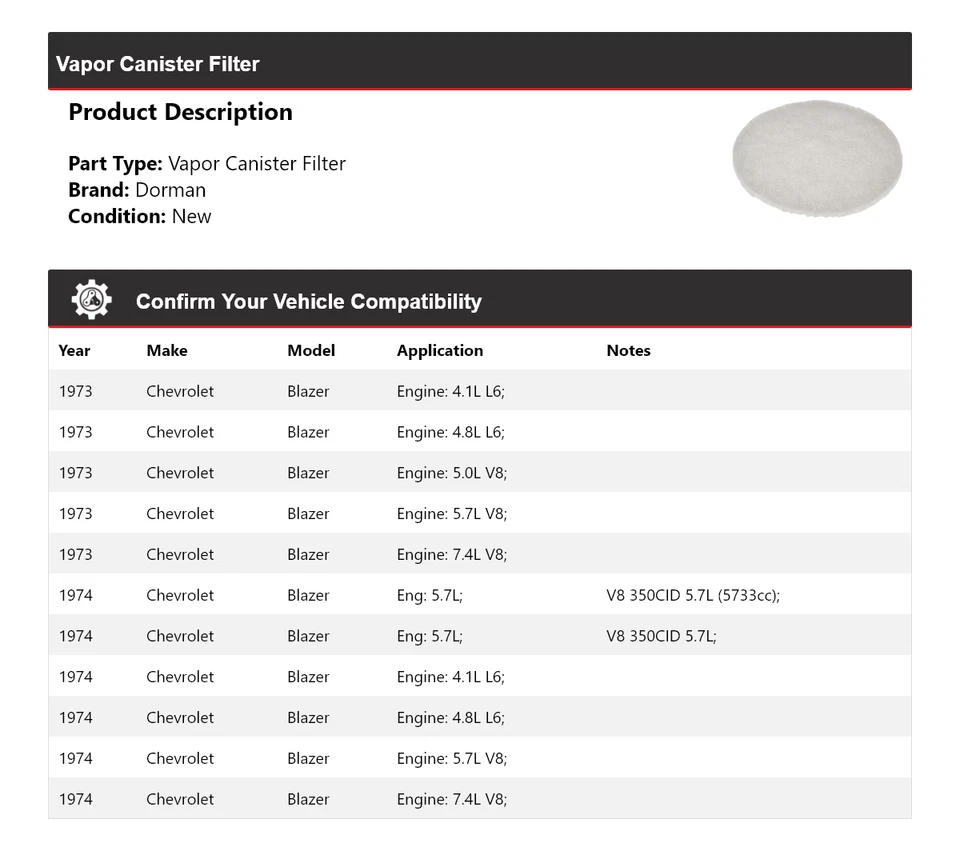 Filtro de bote de vapor para Chevrolet Blazer Dorman 1973-1974 Foto 2 de 4