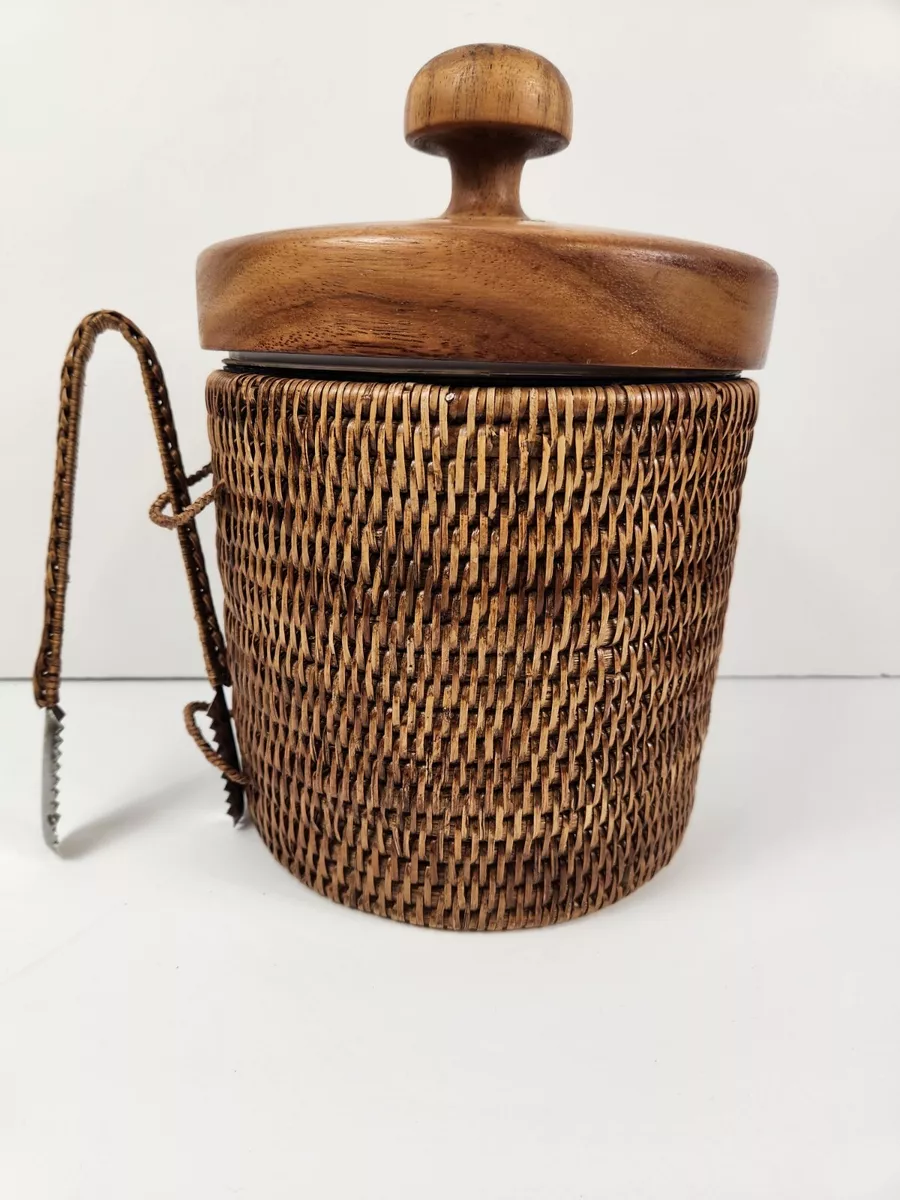 Vintage MCM Rattan Wicker Ice Bucket With Tongs Insulated Wooden Lid $150  New