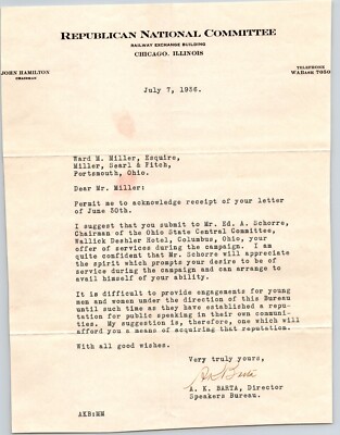 1936 Letter to Republican National Committee Lawyer Law Firm Portsmouth, Ohio