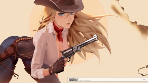 Anime cowgirl girls with guns revolver scarf blonde blue Custom Gaming Mat Desk - Afbeelding 1 van 1