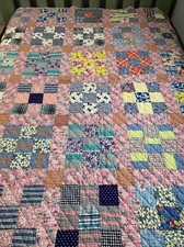 Vintage Quilt 9 Patch 62x74 Hand Quilted Great Old Fabric