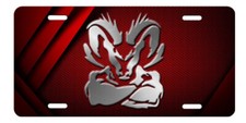 Ram Inspired Art On Red Simulated Carbon Fiber Aluminum License Plate Tag Ram Inspired Art On Red Simulated Carbon Fiber Aluminum License Plate Tag