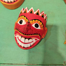 4 Inches Sri Lankan Wooden Devil Mask Vibrant Red Demon Mask Wall Decor For Pro