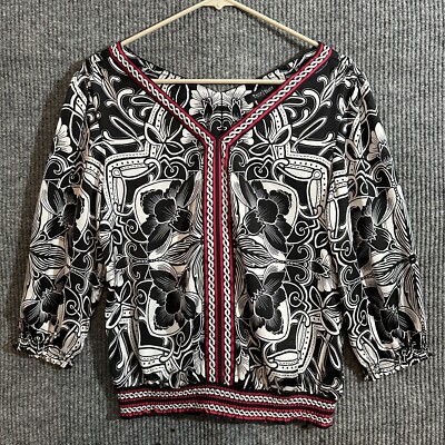 White House Black Market Womens Blouse Size 0 Black Floral V-Neck 3/4 Sleeve