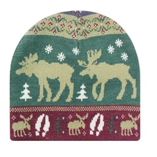 Blue Tan Green Moose Antlers Up North Cabin Rustic Look Stocking Cap Hat Beanie