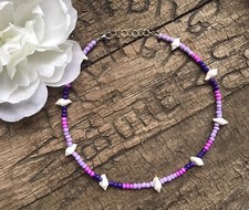 14" Ocean Beach Sea Shells Seed Bead Choker Necklace Purple Lavender BOHO Punchy
