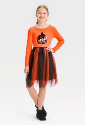 sequin pumpkin dress Girls' Long Sleeve Flip Sequin Halloween Dress