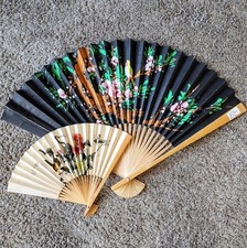 Vintage - Lot of 2, Bamboo Oriental Asian Wall Fan Hand Painted Floral Set
