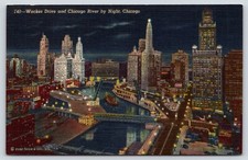 Illinois Chicago Wacker Drive and Chicago River by Night Vintage Postcard
